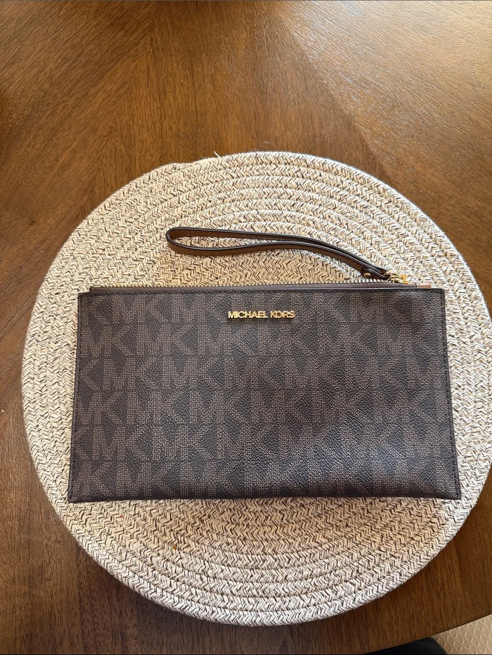 Michael Kors Dark Brown Monogram Wristlet Clutch with Gold Logo